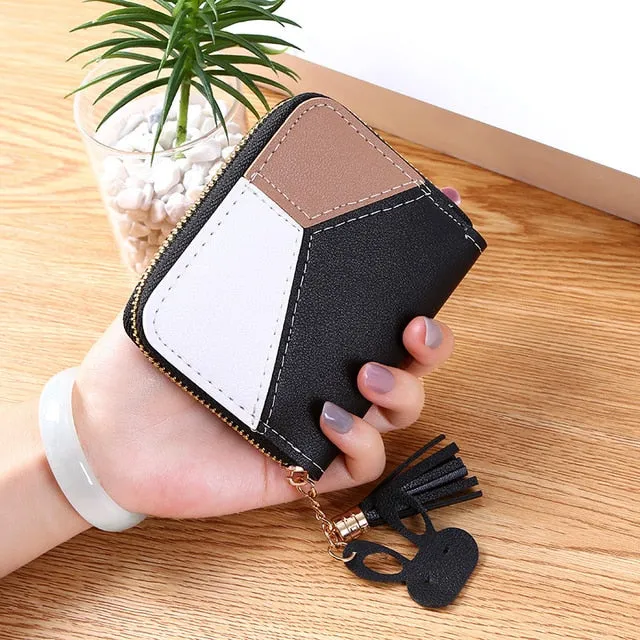 Geometric Luxury Brand Women Leather Wallets Long Zipper Tassel Design Coin Purses Clutch Female Patchwork Credit Card Holder