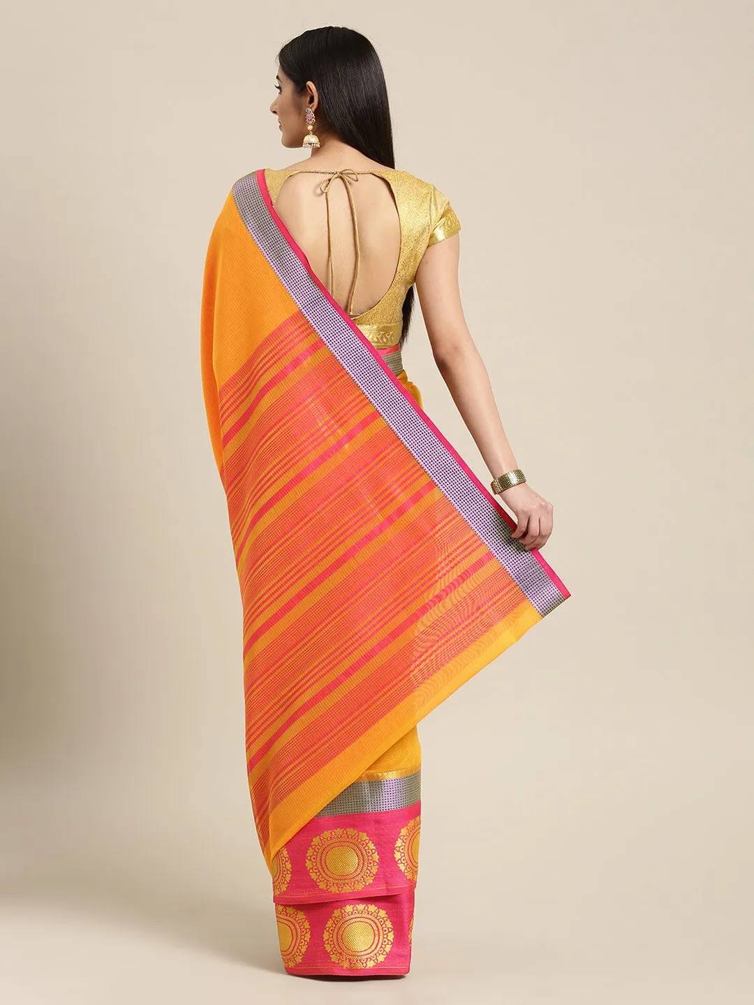 Ishin Chanderi Gadhwal Mustard Yellow With Golden Zari Woven Women's Saree