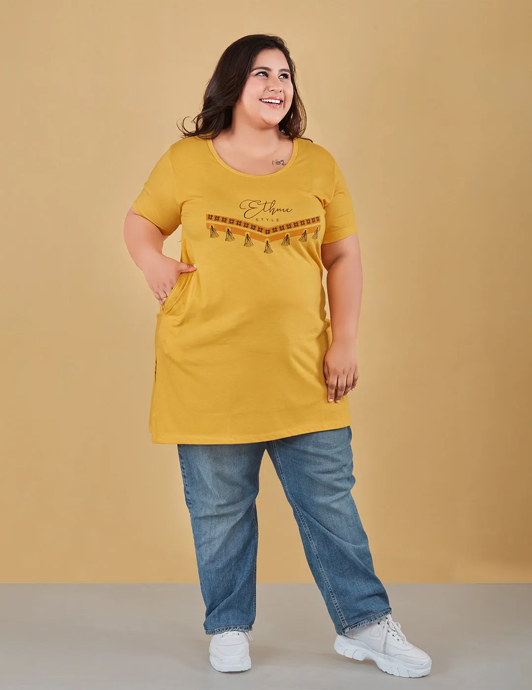 Long Line T-Shirt For Women -Half Sleeves-Yellow