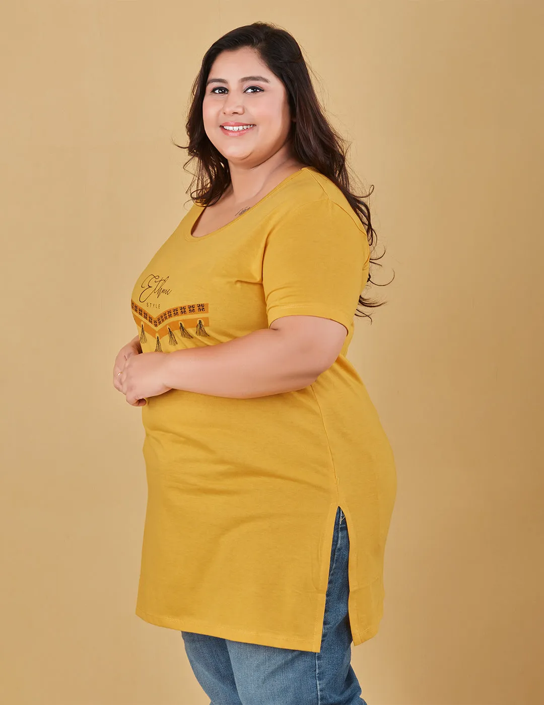 Long Line T-Shirt For Women -Half Sleeves-Yellow