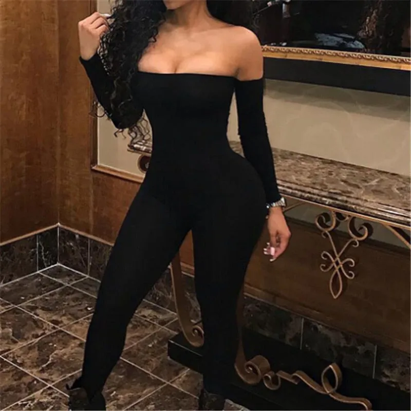 Off Shoulder Long Sleeve Skinny Jumpsuit