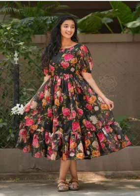 Party Wear Women Black Dress Floral Women Midi Frock Dress