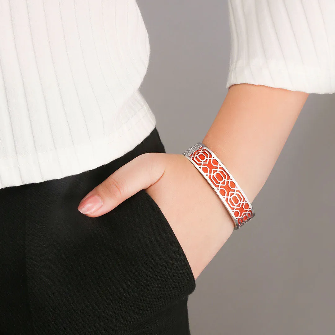 Peranakan Grace Bangle - Lava Orange - Sterling Silver