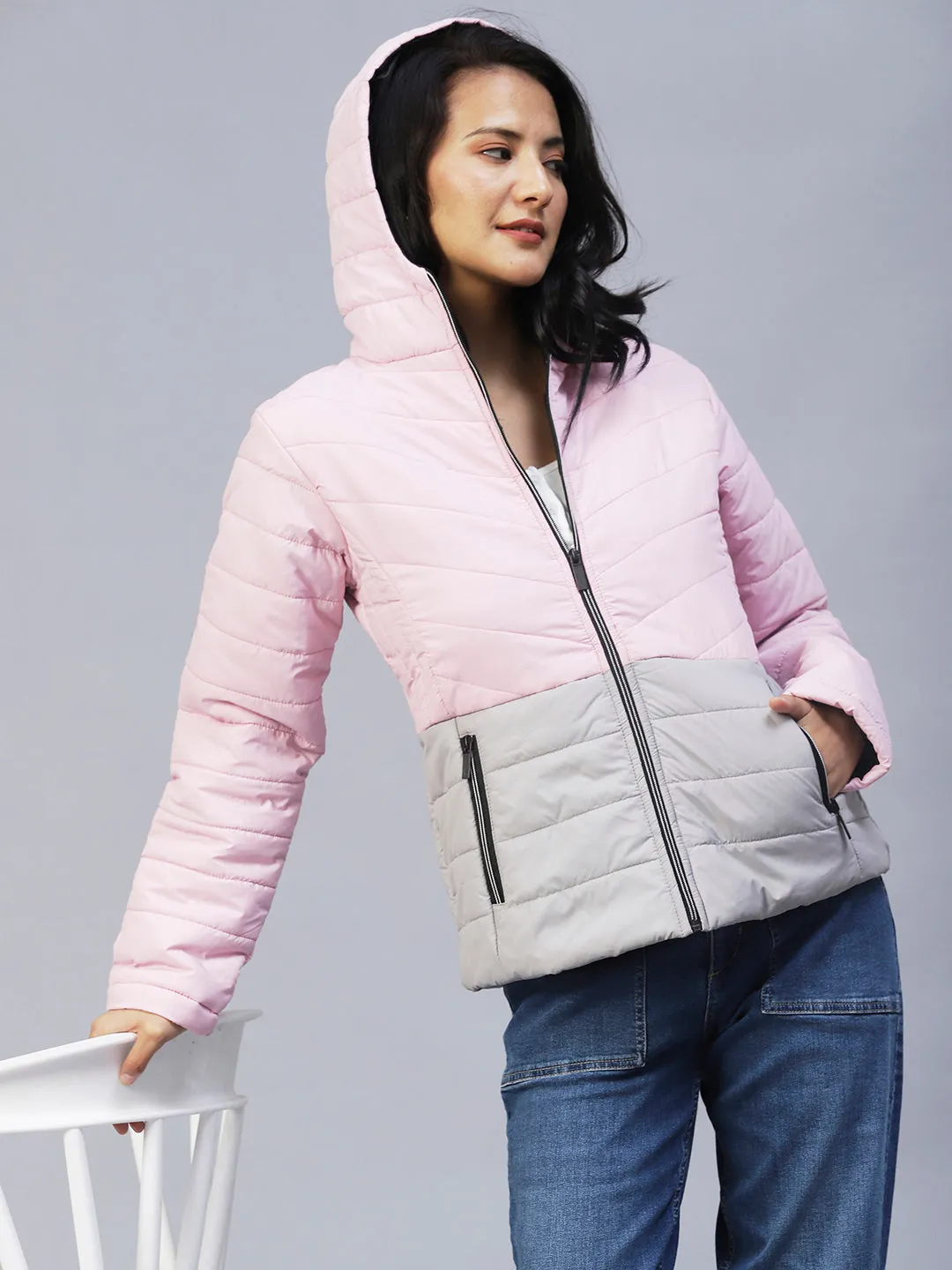 Pink Double Shade Peplum Cut Puffer Jacket