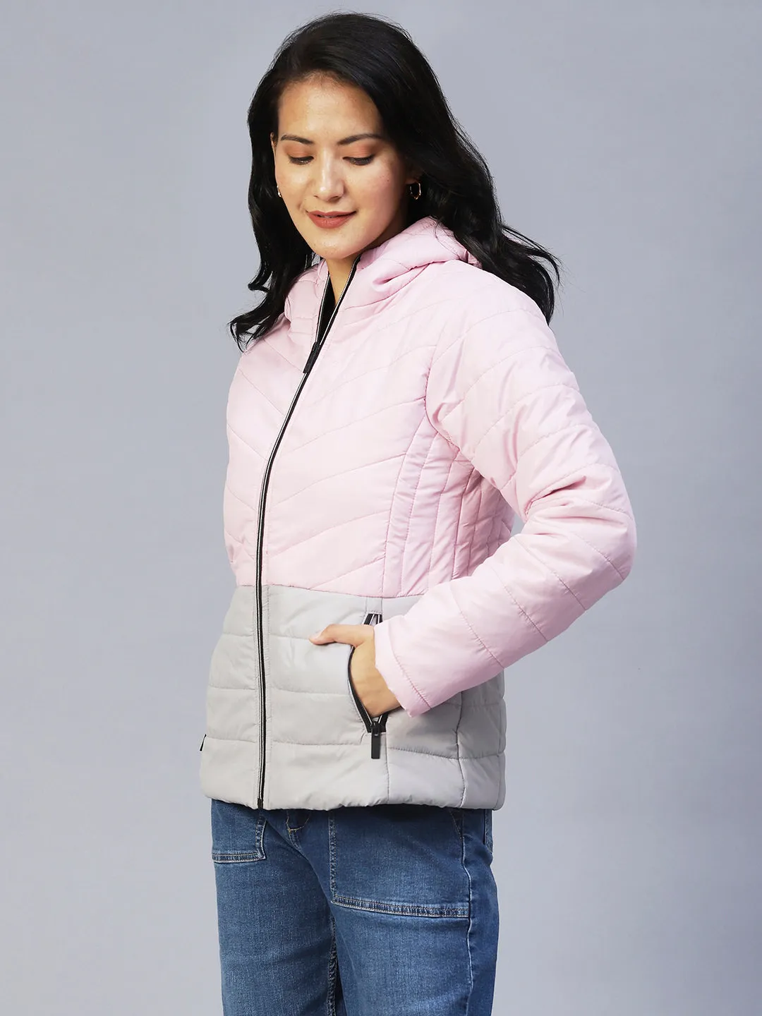 Pink Double Shade Peplum Cut Puffer Jacket