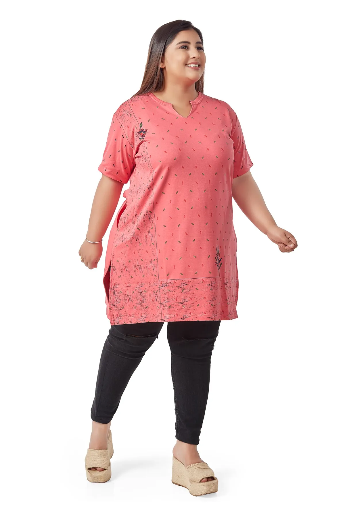 Plus Size Printed Long Tops For Women Cotton Half Sleeves - Pink