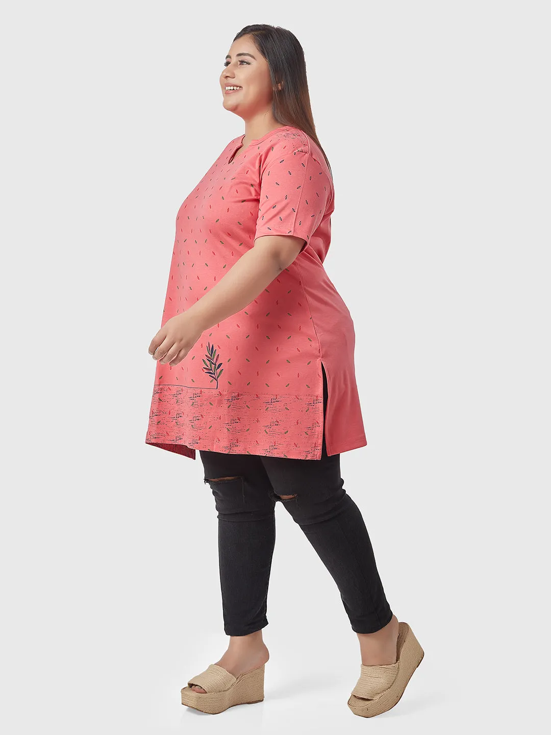 Plus Size Printed Long Tops For Women Cotton Half Sleeves - Pink