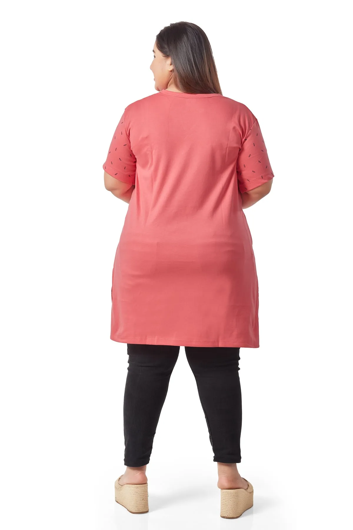 Plus Size Printed Long Tops For Women Cotton Half Sleeves - Pink