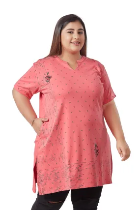 Plus Size Printed Long Tops For Women Cotton Half Sleeves - Pink