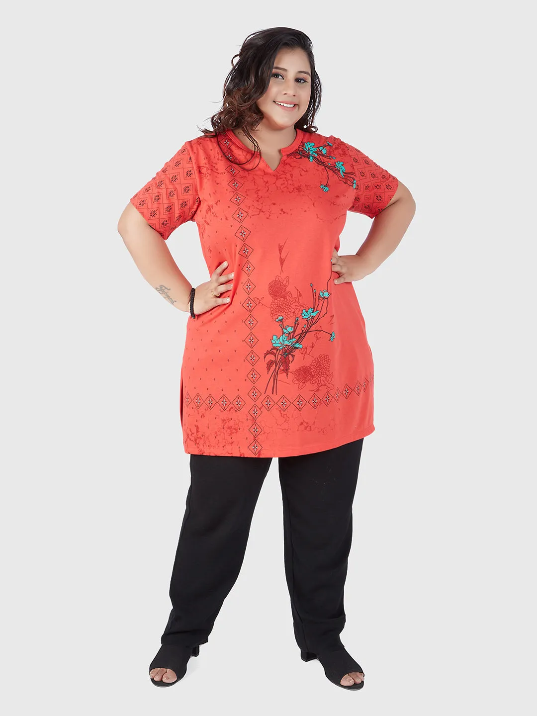 Plus Size Printed Long Tops For Women Cotton Half Sleeves - Red