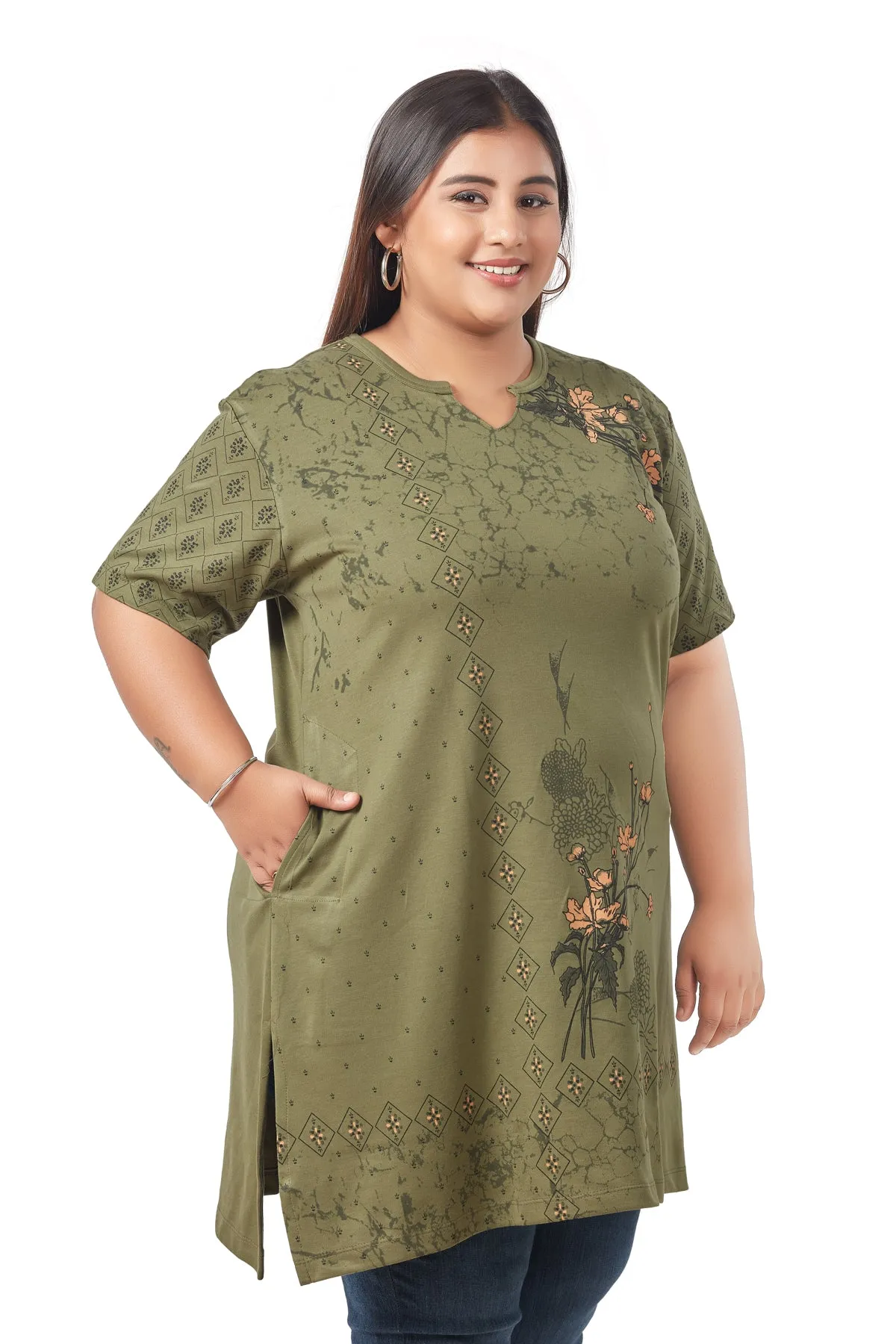 Plus Size Printed Long Tops For Women Half Sleeves - Pack of 2 (Red & Green)