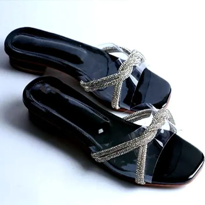 Rhinestone Vinyl Heels Flat Sandals