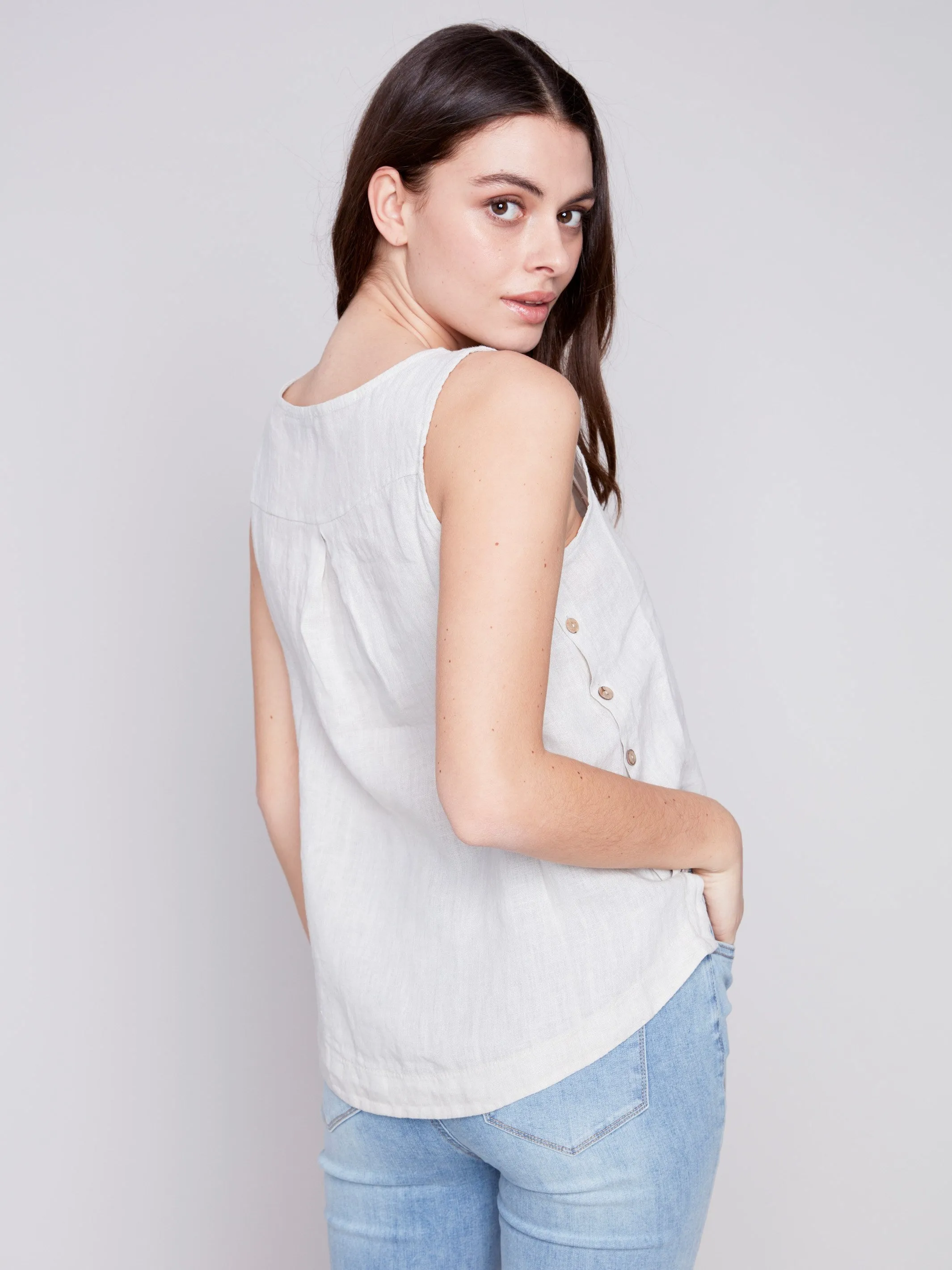 Sleeveless Linen Top with Side Buttons - Natural