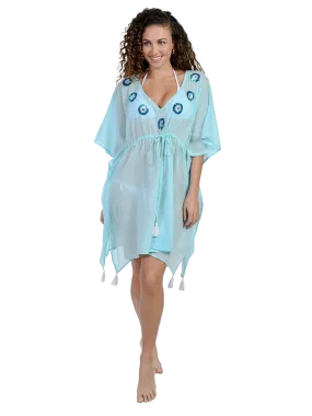 Solid color kaftan with beaded circle details along the front collar