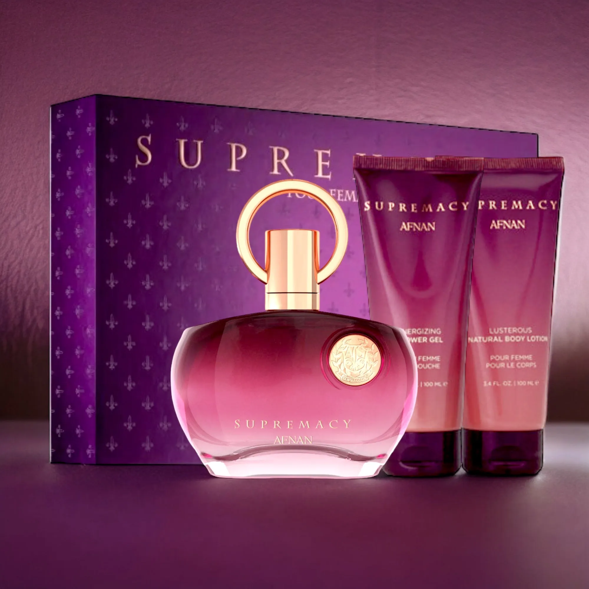 Supremacy Purple by Afnan for Women 3 PCS Set: Eau de Parfum 3.4 oz   Body Lotion   Shower Gel