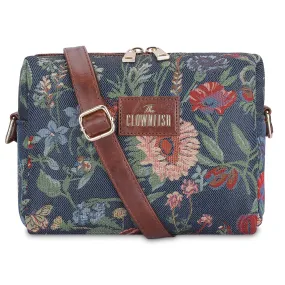 THE CLOWNFISH Adelina Series Sling for Women Faux Leather Casual Ladies Single Shoulder Bag For Women Crossbody Bag for College Girls (Navy Blue-Floral)