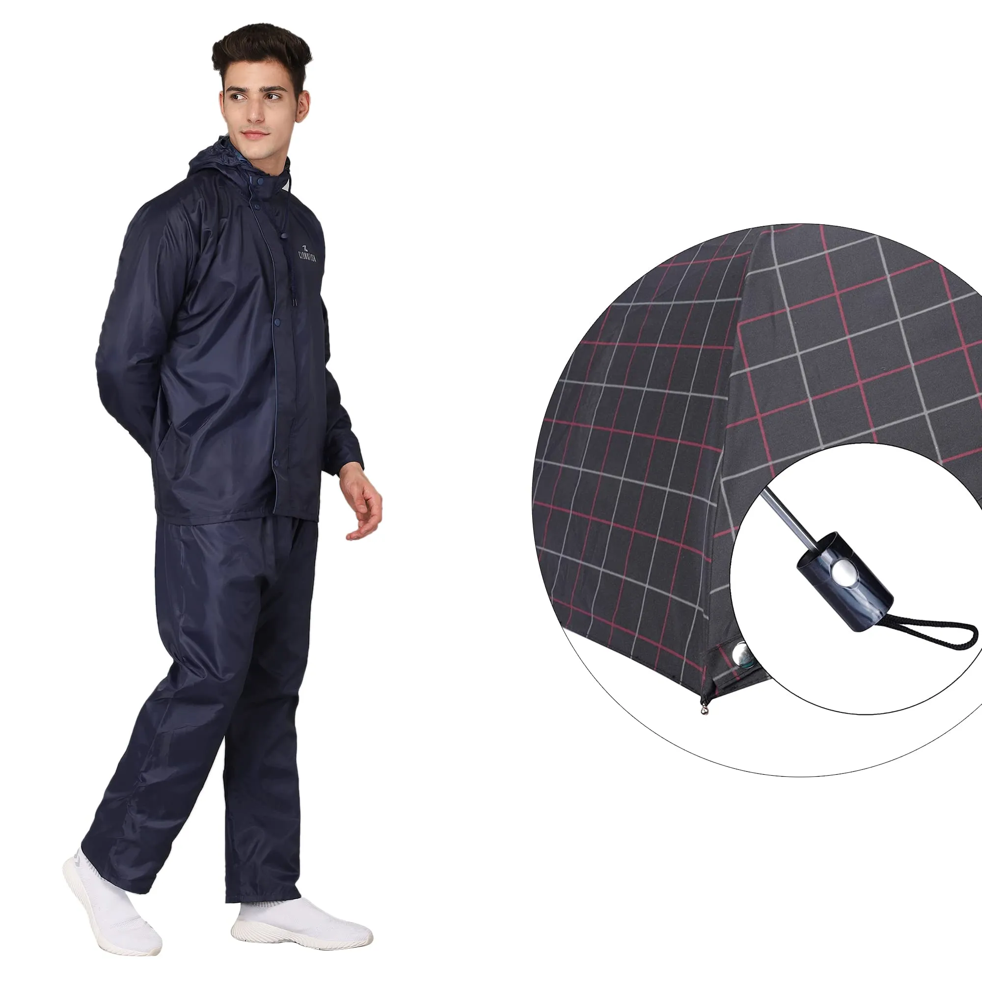 THE CLOWNFISH Combo Of Rain Coat for Men Waterproof Polyester (Blue 3XL) Umbrella 3 Fold Waterproof Pongee (Checks Design- Dark Pink)