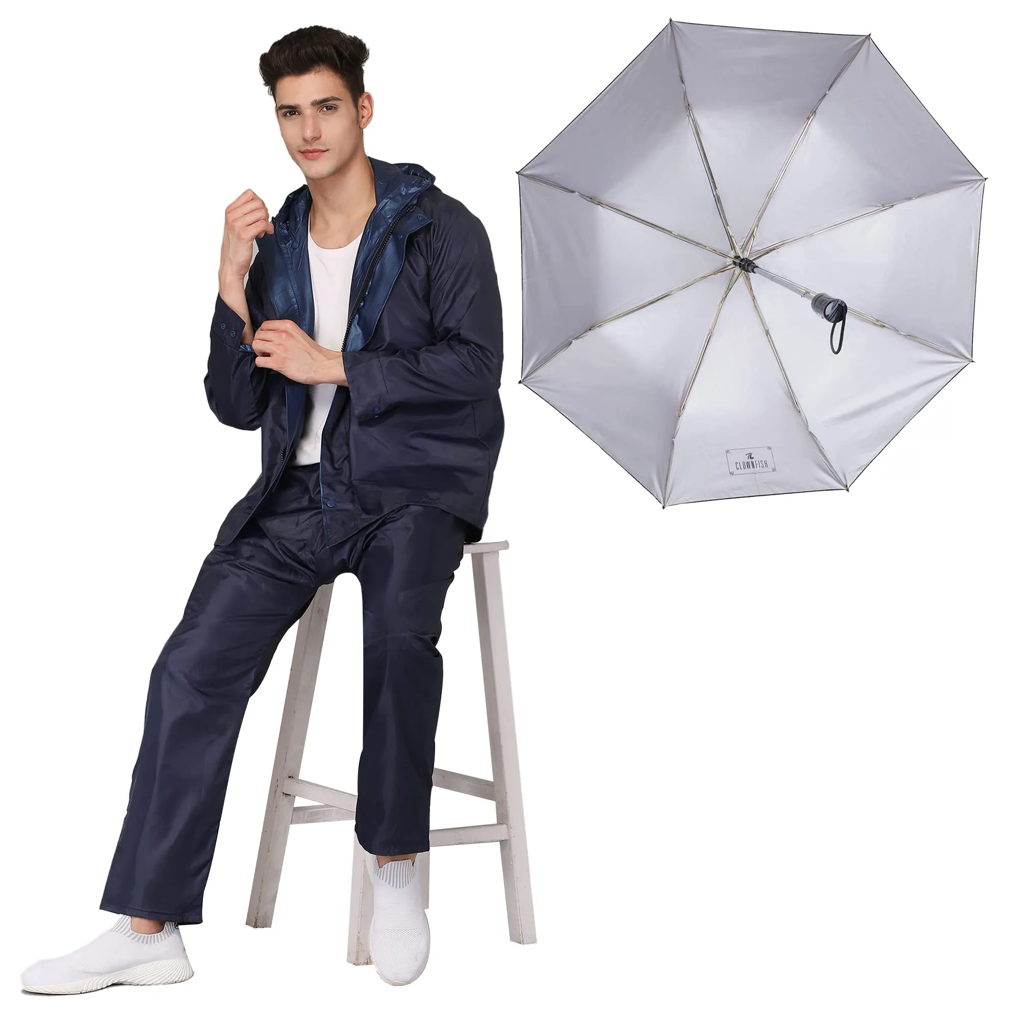 THE CLOWNFISH Combo Of Rain Coat for Men Waterproof Polyester (Blue 3XL) Umbrella 3 Fold Waterproof Pongee (Checks Design- Dark Pink)