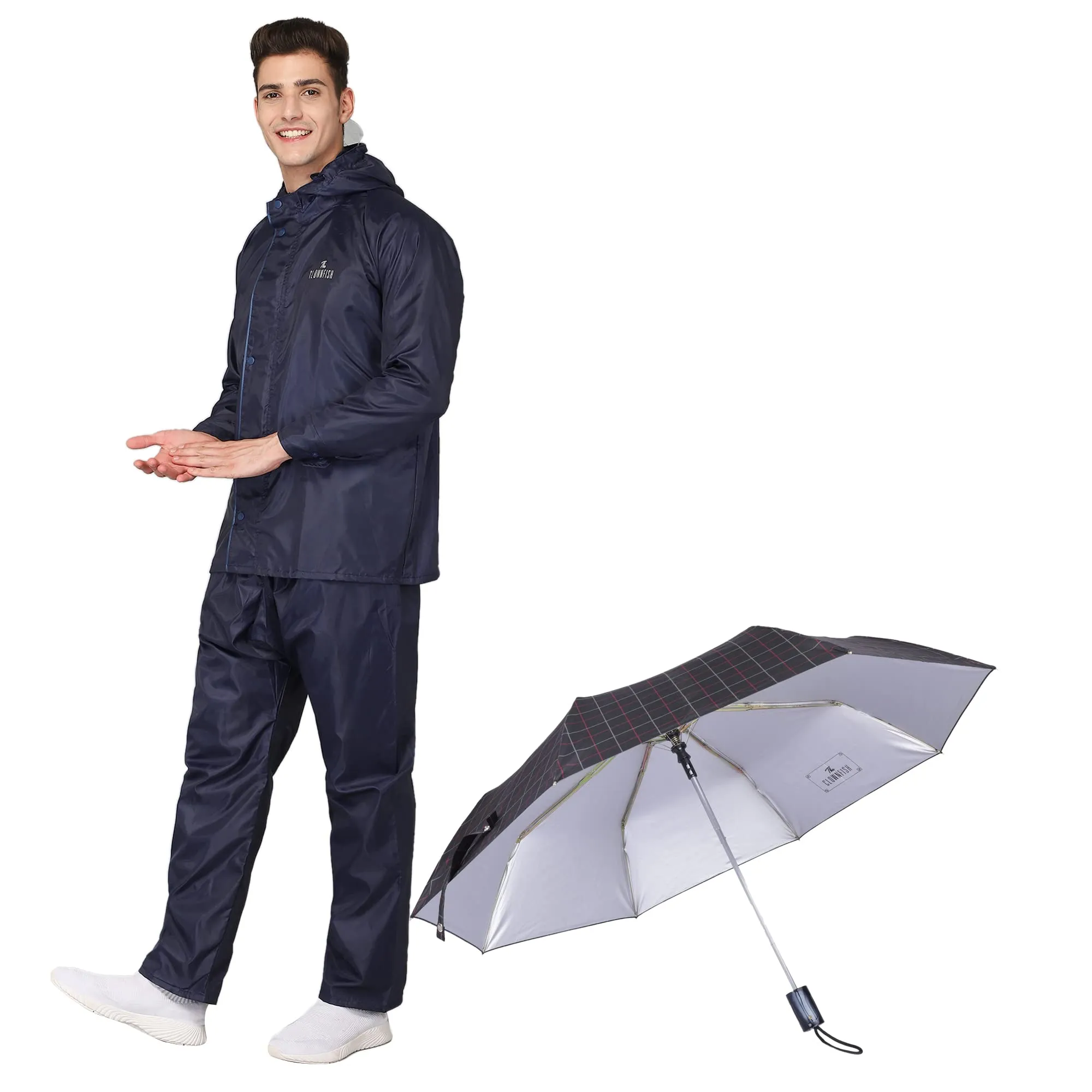 THE CLOWNFISH Combo Of Rain Coat for Men Waterproof Polyester (Blue 3XL) Umbrella 3 Fold Waterproof Pongee (Checks Design- Dark Pink)