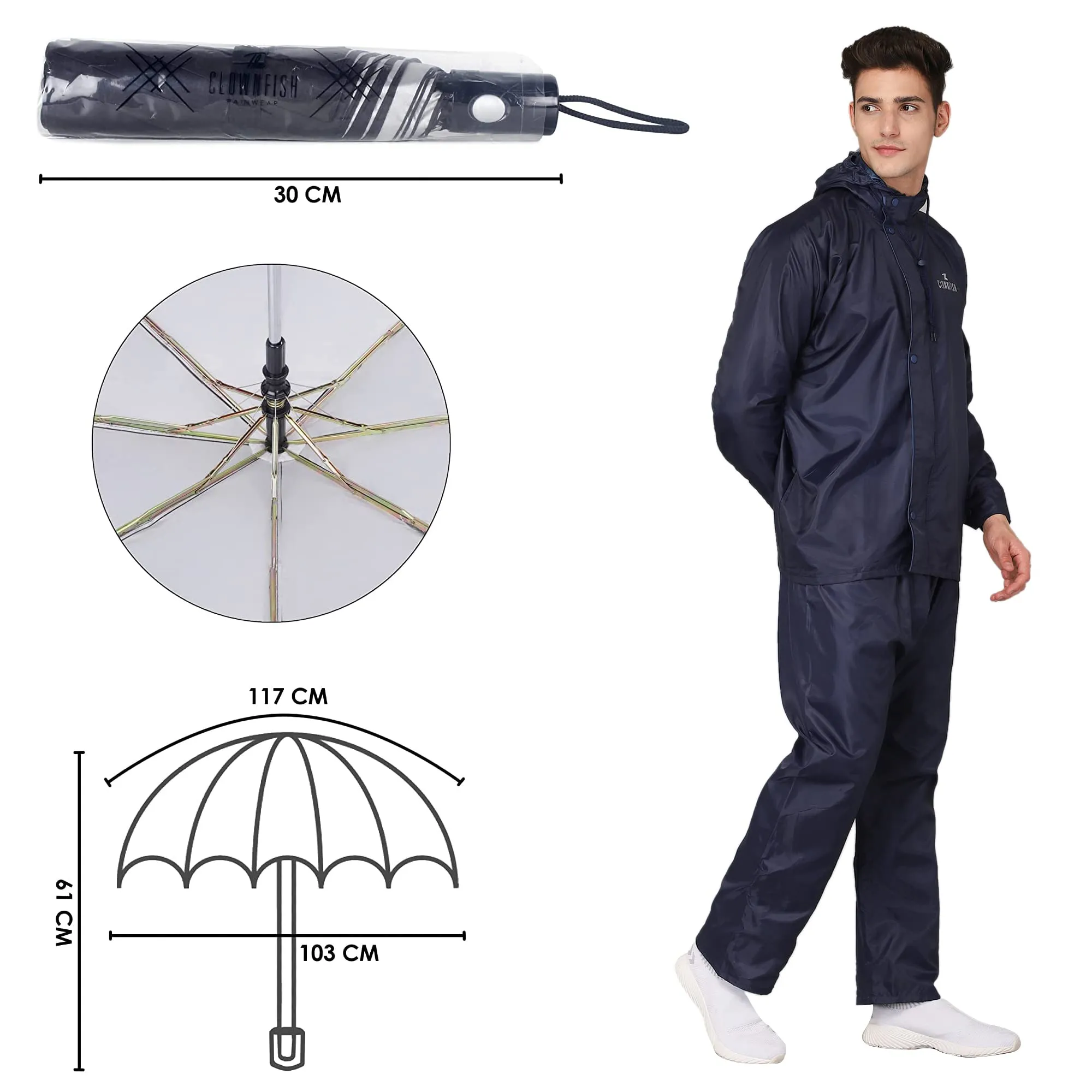 THE CLOWNFISH Combo Of Rain Coat for Men Waterproof Polyester (Blue 4XL) Umbrella Savior Series 3 Fold Waterproof Polyester (Black)