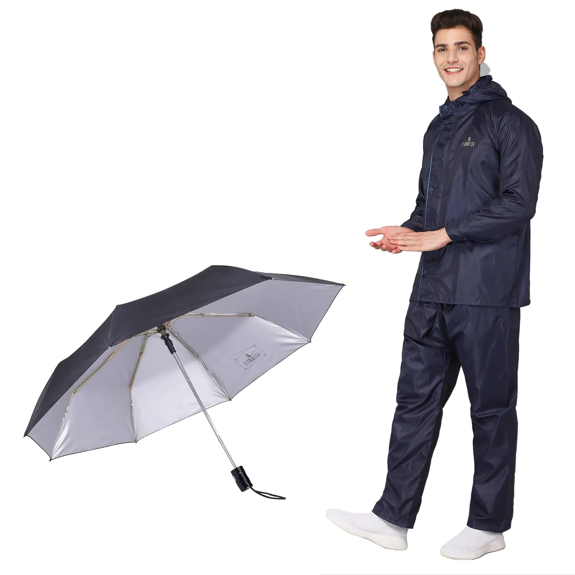 THE CLOWNFISH Combo Of Rain Coat for Men Waterproof Polyester (Blue 4XL) Umbrella Savior Series 3 Fold Waterproof Polyester (Black)