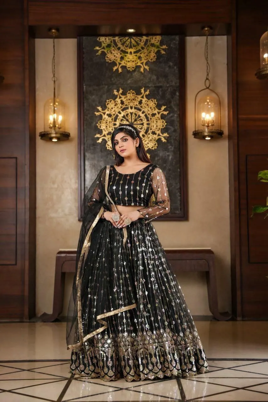 Women Black Sequin Embroidery Lehenga Choli Dupatta set