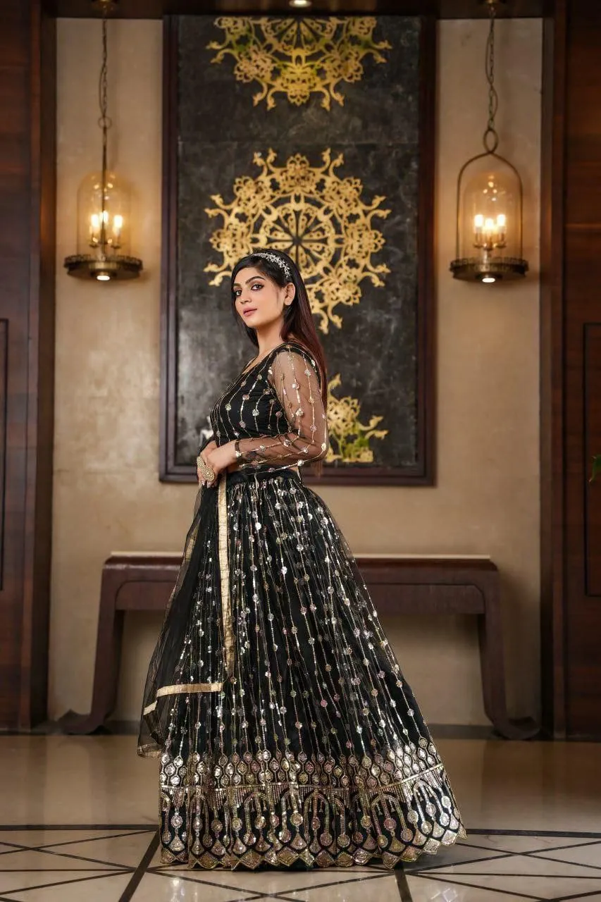 Women Black Sequin Embroidery Lehenga Choli Dupatta set