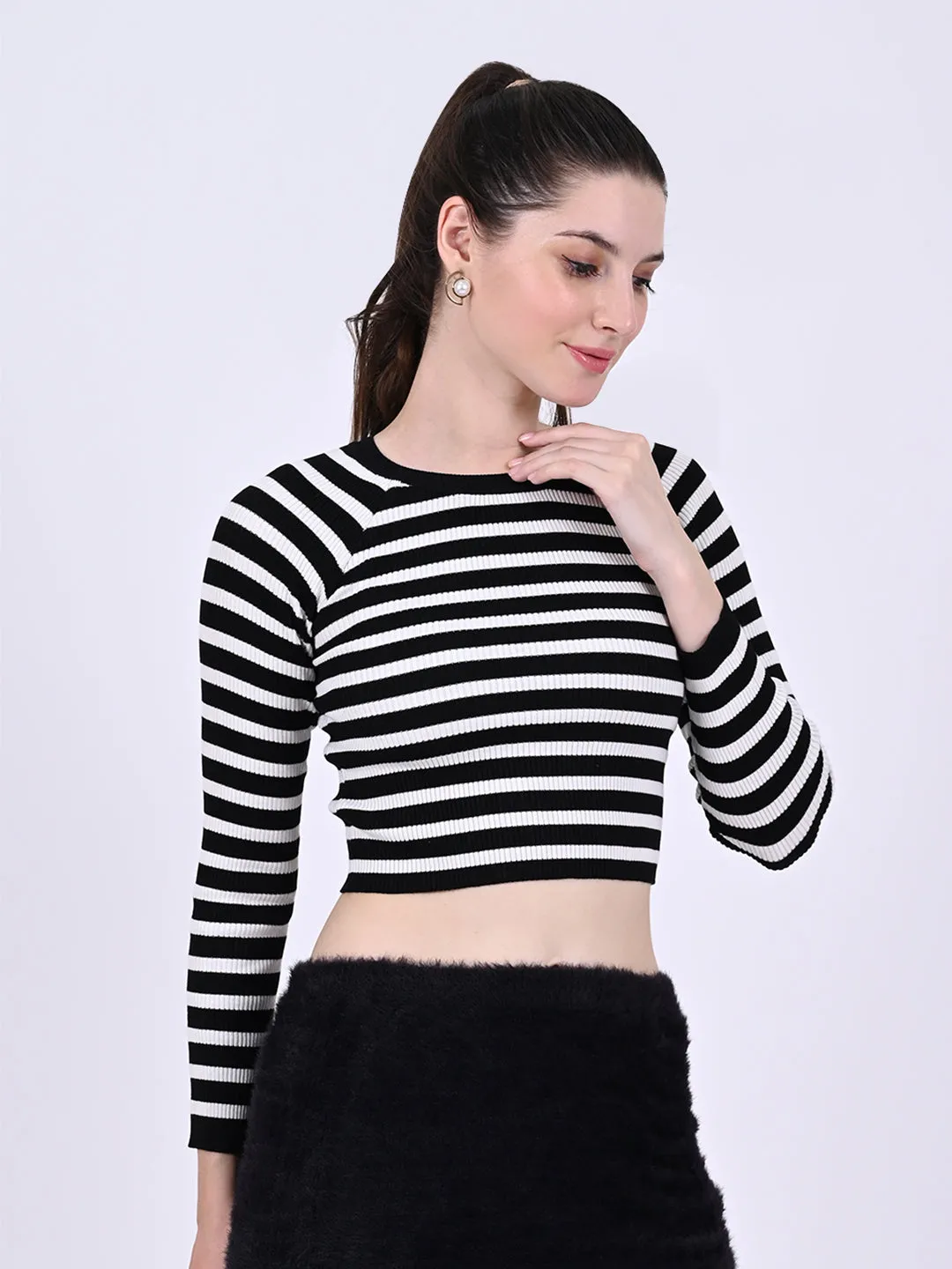 Women Black Striped Crop Top