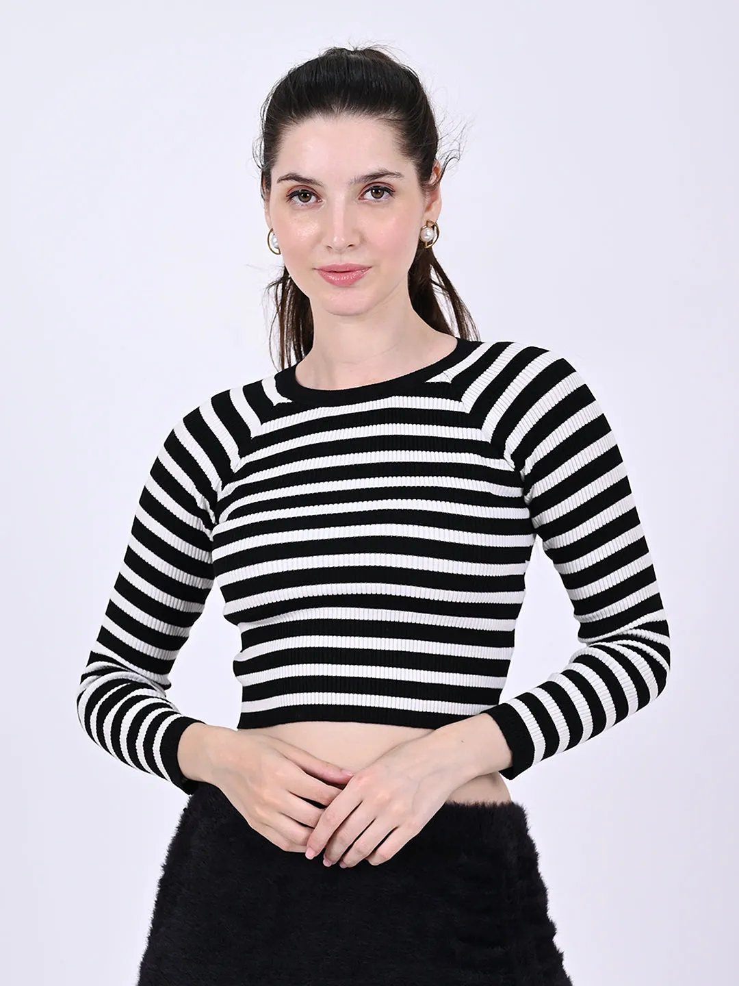 Women Black Striped Crop Top