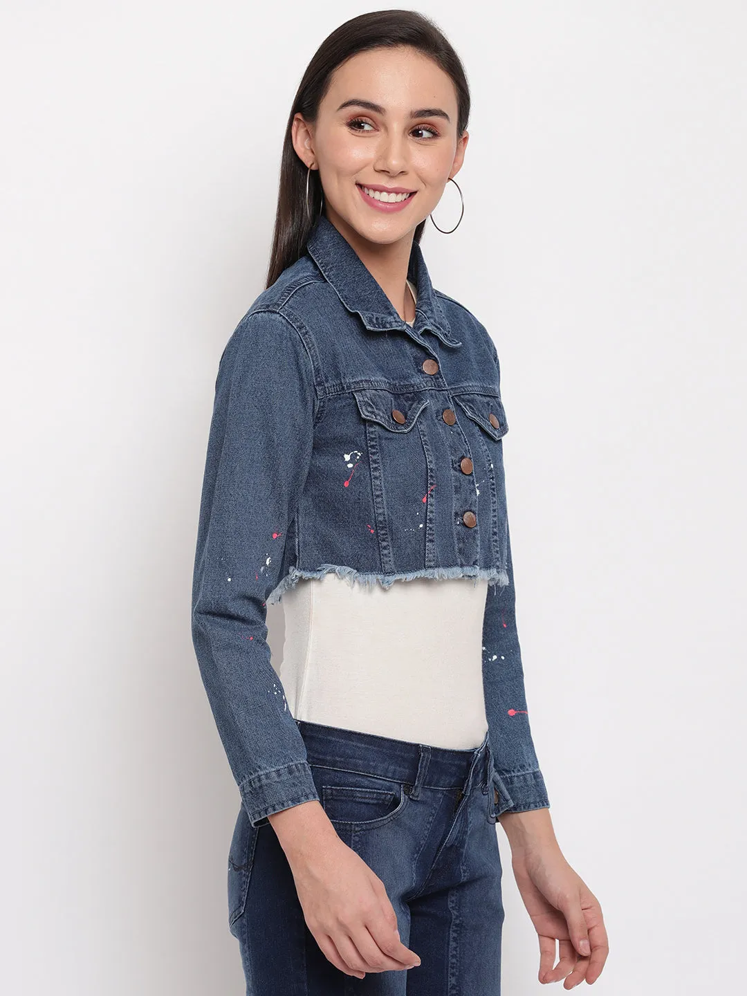 Women Dark Blue Fray Hem Cropped Denim Jacket