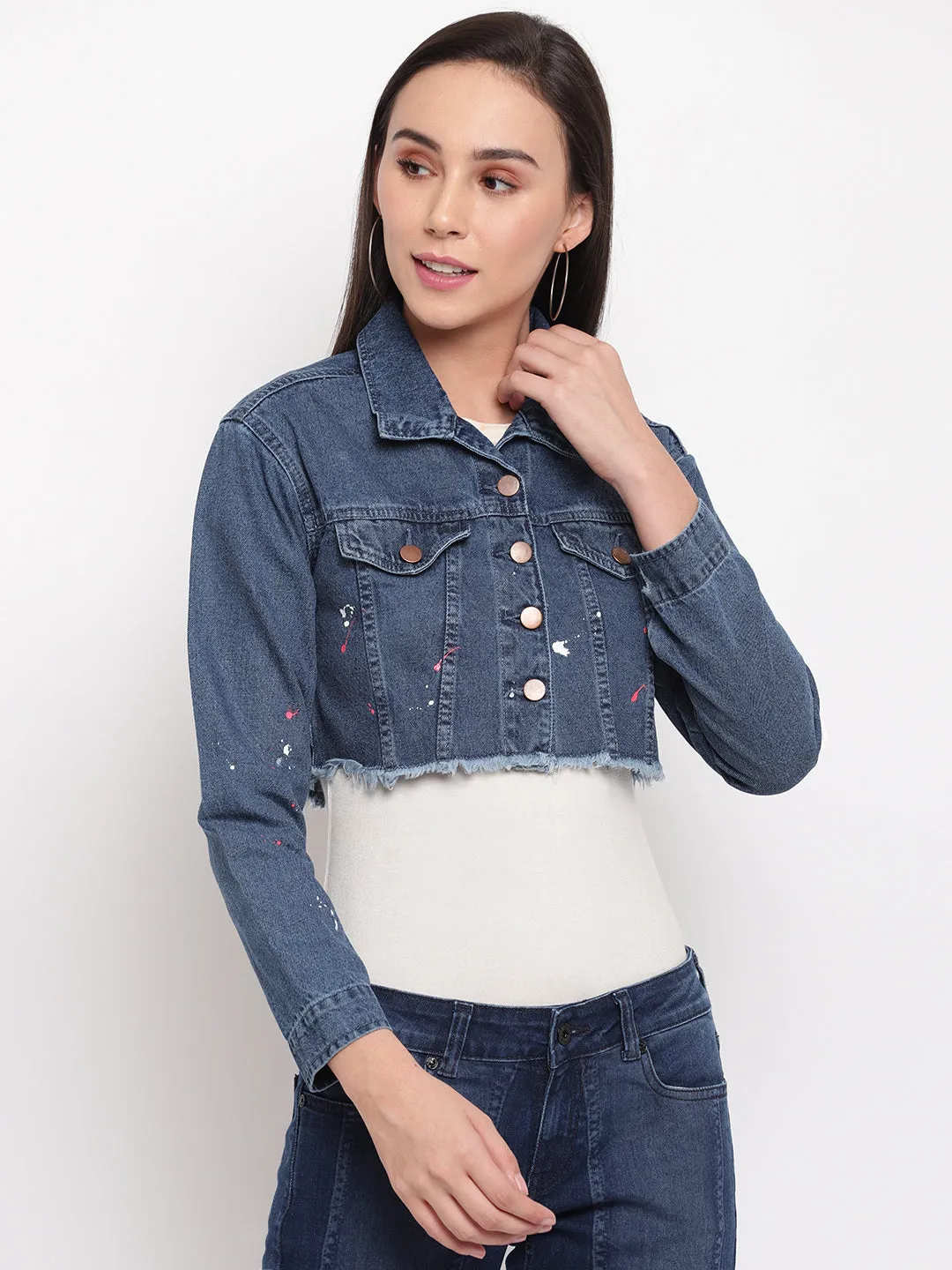 Women Dark Blue Fray Hem Cropped Denim Jacket