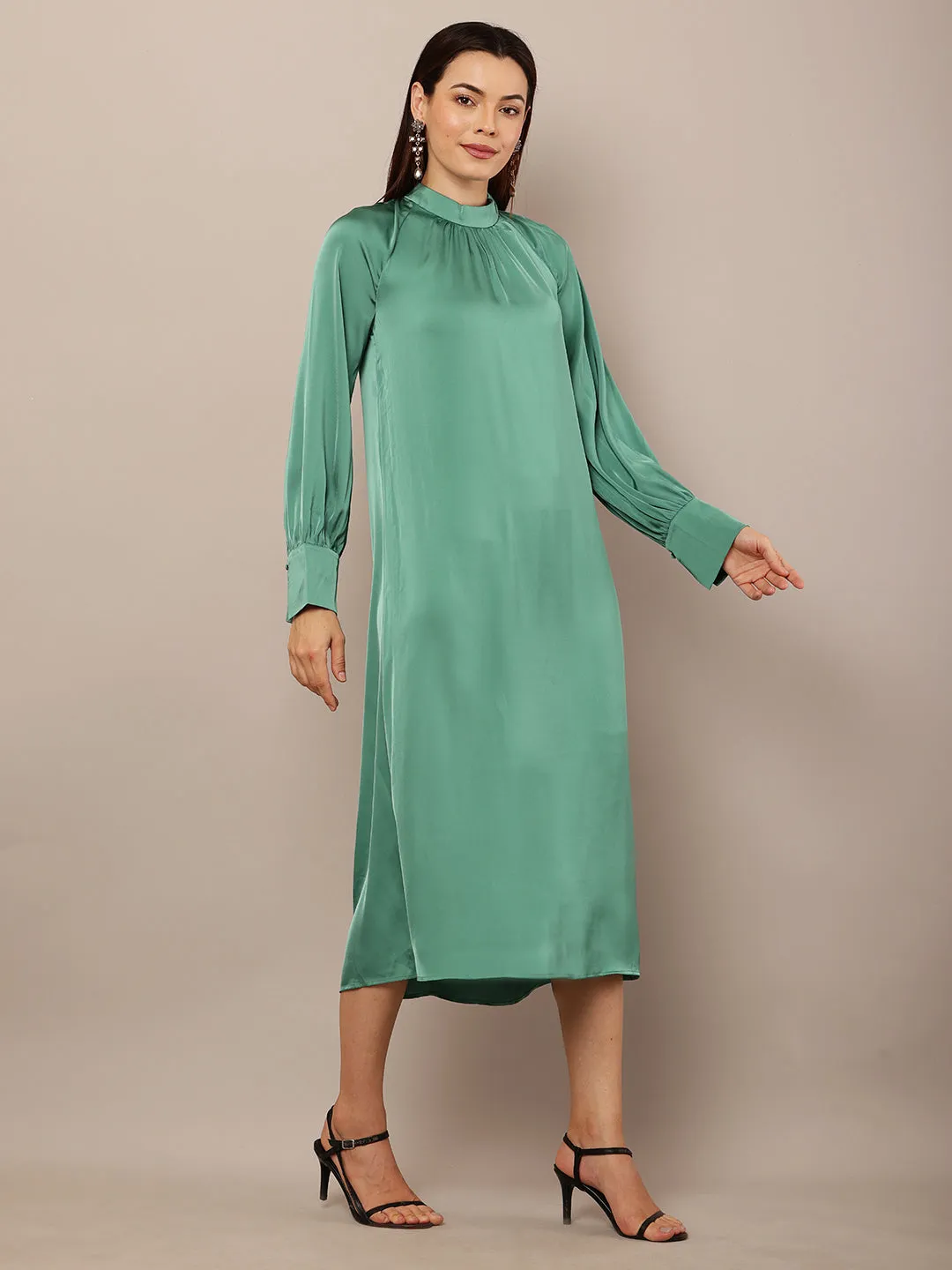 Women Dark Turquoise Balloon Sleeve Dress