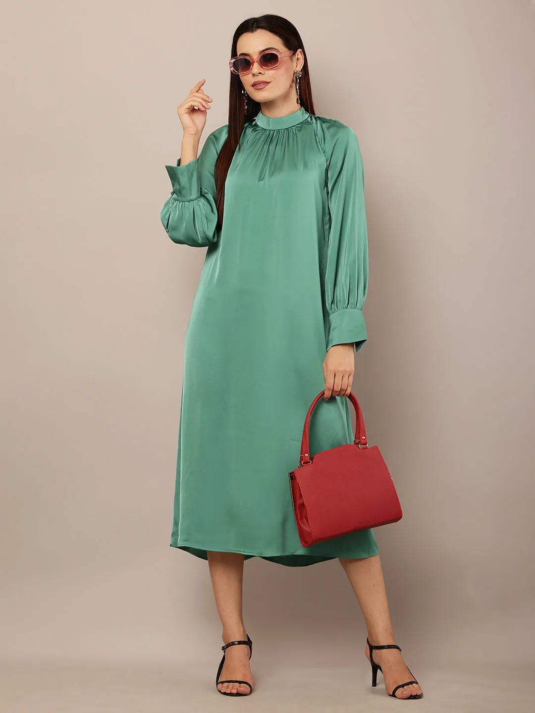 Women Dark Turquoise Balloon Sleeve Dress