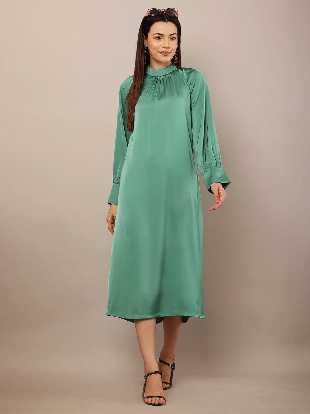 Women Dark Turquoise Balloon Sleeve Dress